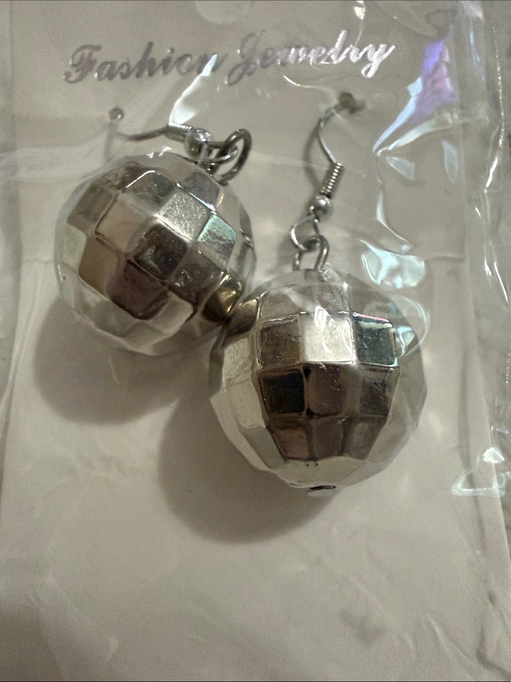 Fashion Jewelry Silver Faceted Disco Ball Drop Earrings